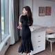 Black dress summer high-end 2022 new women's skirt V-neck short-sleeved slim fit waist bag hip fishtail skirt