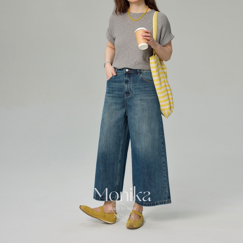 Plus Size Women's Clothing 2026 Summer New Retro Denim Mid-Length Pants for Chubby Girls, Loose Wide-Leg Pants, Street Style Cropped Pants