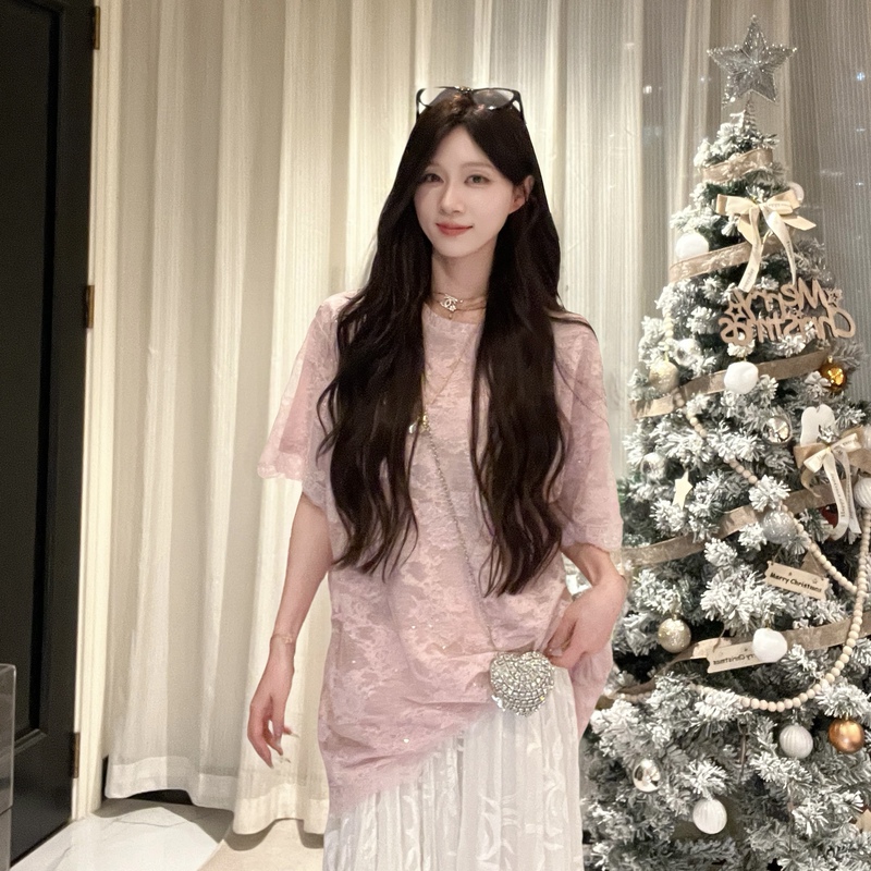 Fishy [Peach Lace] Designer Haute Couture/Gentle and Delicate Slimming Atmosphere Lace T-Shirt Top
