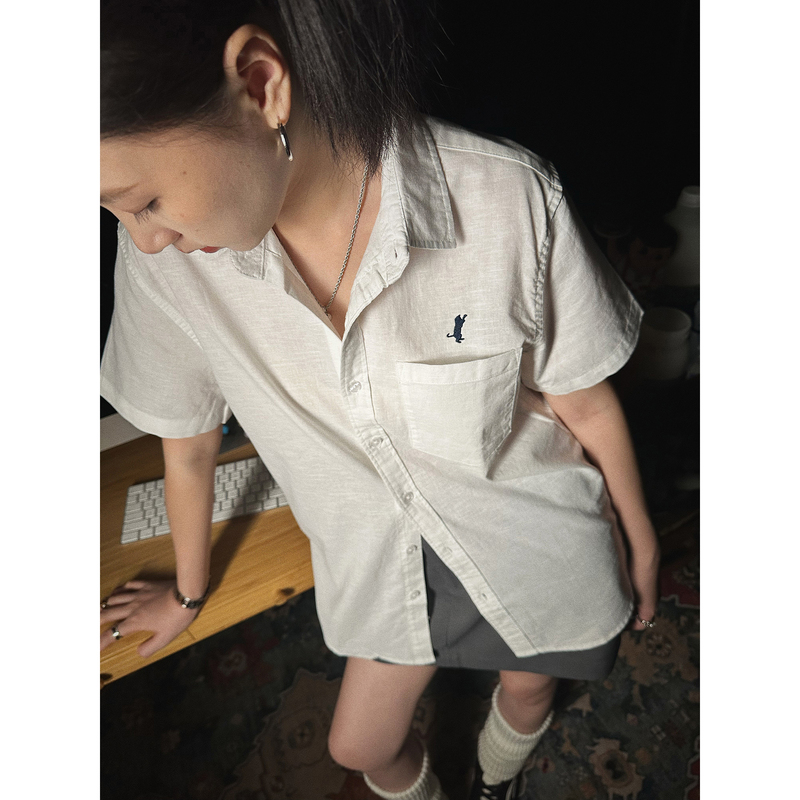 Pii Navycat Hunter Kitten Linen Embroidered White Shirt American Retro Casual Unisex Pii Navycat Hunter Kitten Linen Embroidered White Shirt American Retro Casual Unisex