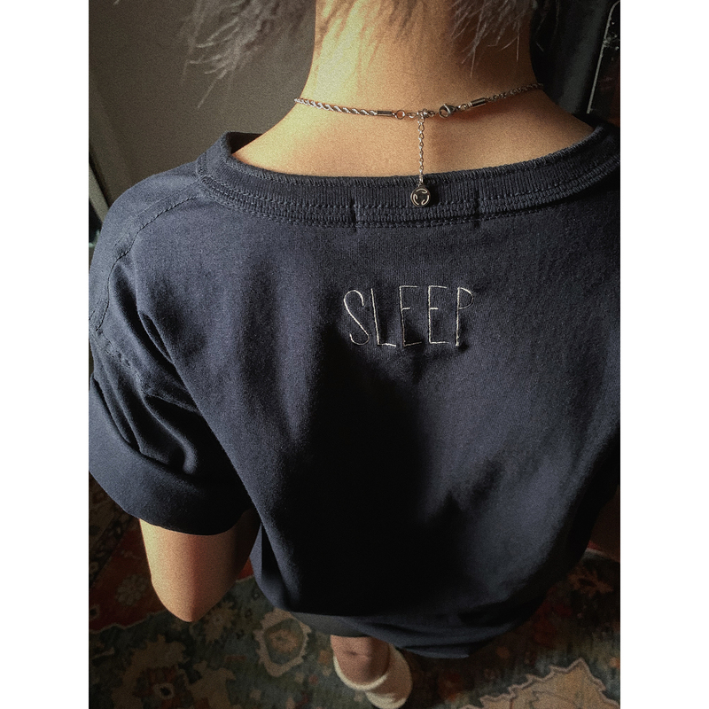 Pii Sleep Sleep Well Henry Collar Button Vintage Navy Blue American Casual T-Shirt 250g Unisex