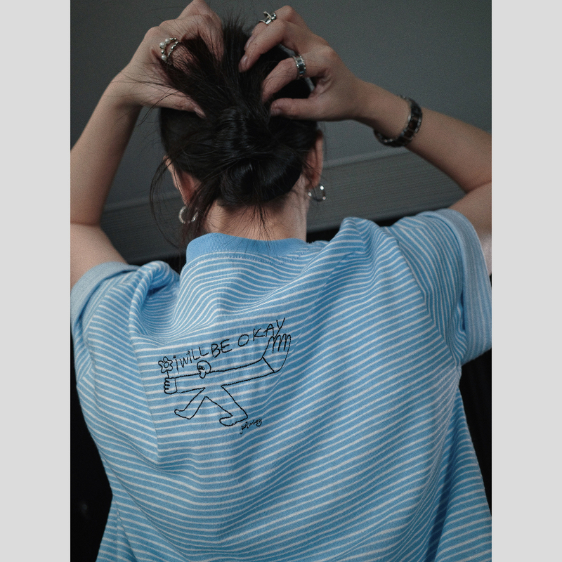 Pii I Will Be Okay I Will Be Fine Hand-Embroidered Light Blue Striped American-Style T-Shirt Short Sleeves