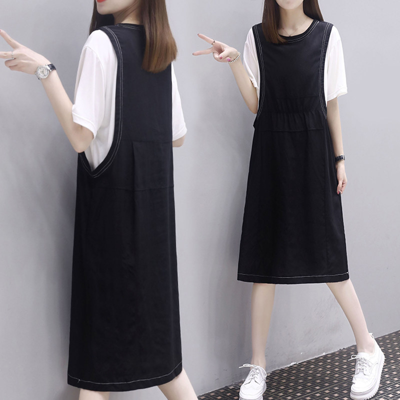 Large size dress women's summer 2023 new loose and thin cover belly black color contrast splicing fake two-piece black skirt