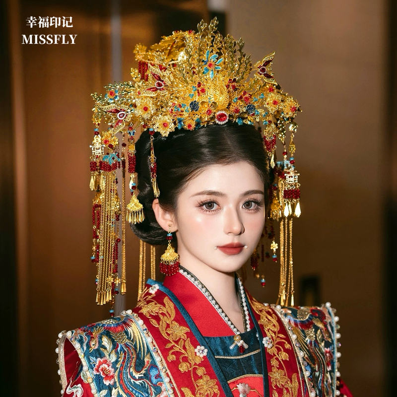 Golden Phoenix Crown Bridal Headdress, Gold, Red, and Blue Xiuhe Hanfu Dragon and Phoenix Gown, Phoenix High-End Wedding New Chinese Style Hair Accessory