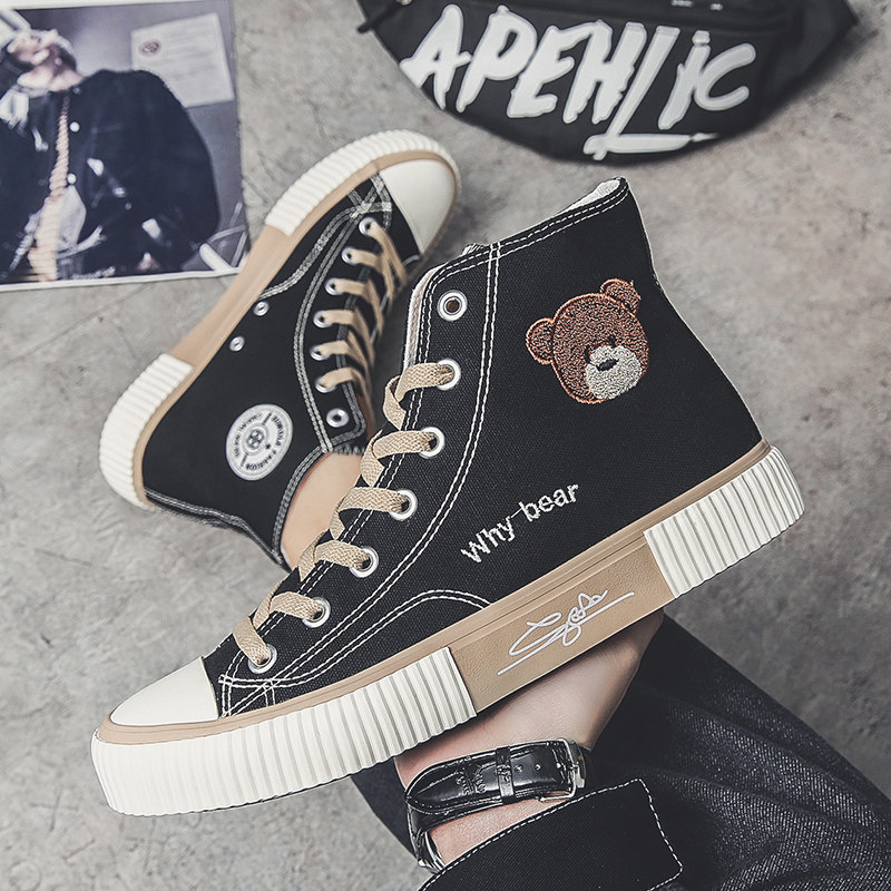 All-match bear men's high-top canvas shoes 2022 summer boys high-top shoes net red pair of couple shoes breathable