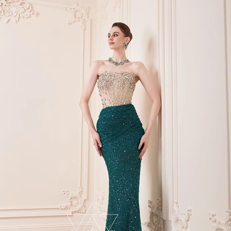 High-End Custom-Made Strapless Evening Dress, Luxury Niche Sparkling Gown for Hostess, Birthday, Runway, Elegant Socialite