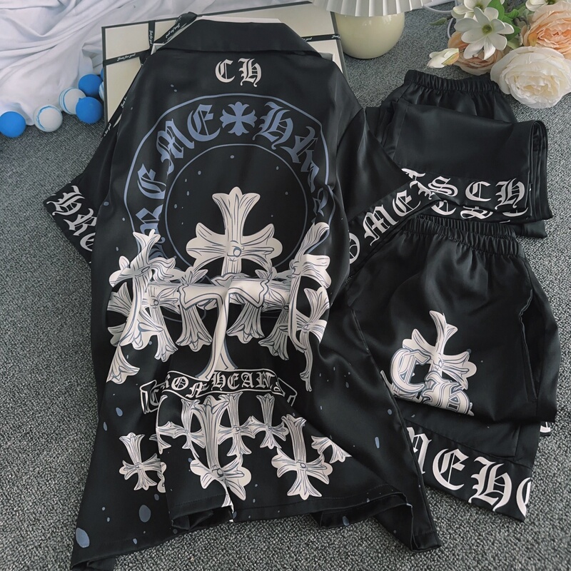 High-End Ice Silk Couple Pajamas Men's Short-Sleeved Long Pants Three-Piece Set Fashionable Casual Cardigan Home Wear Set for Women