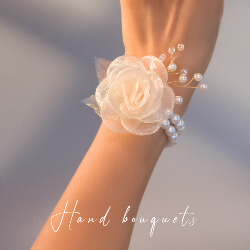 Wedding Bridesmaid Wrist Flowers, Performance Hand Flowers, Groomsmen Boutonnieres, Fresh and Elegant Korean-Style Pearl Crystal Super Fairy-Like