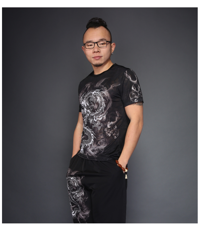 Trung quốc mực phong cách khói Trung Quốc rồng totem in ấn ngắn tay T-Shirt mùa hè kích thước lớn nam rồng nửa tay áo triều của nam giới quần áo