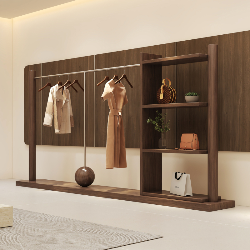 Walnut Wood Natural Color Clothing Store Display Rack, Freestanding Island-Style Men's and Women's Clothing Store Hanging Rail Storage and Display Shelf