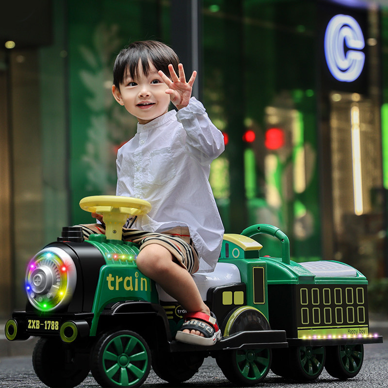 Children electric car small train handle remote control can sit large toy car male girl duo baby four-wheeled car