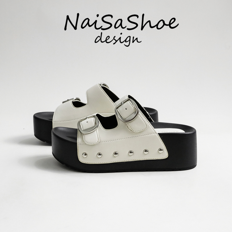 Fashionable Studded Double Buckle Strap Slippers for Women, New Summer Thick-Soled Height-Increasing Casual Slip-On Retro Roman Sandals