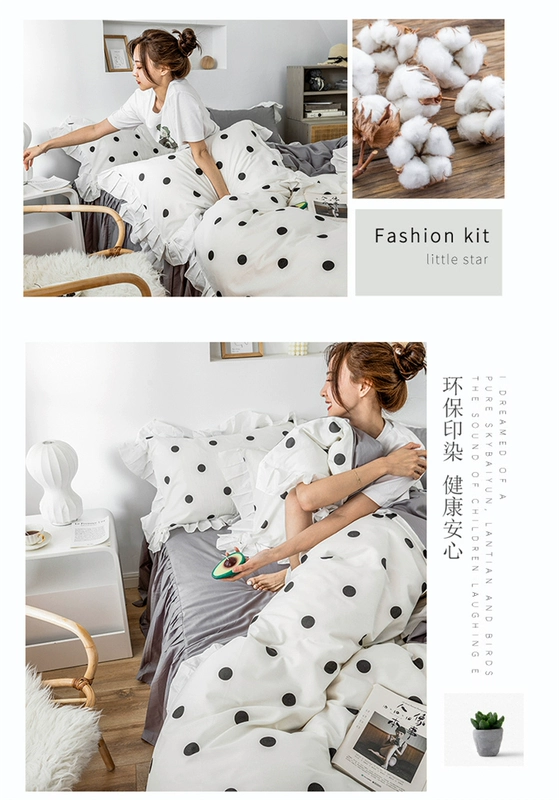 Giường ngủ Bắc Âu bốn mảnh in gió đen và trắng công chúa kiểu váy cotton bốn mùa phổ giường - Bộ đồ giường bốn mảnh