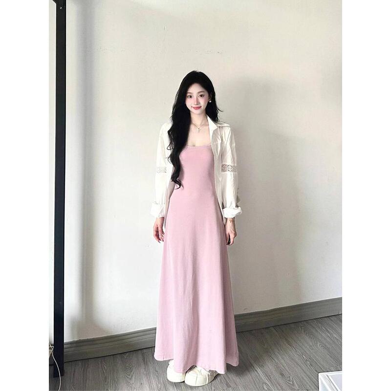 Small Pink and Beautiful Suspender Dress for Women in Summer, High-End Waist, Slim Fit, A-Line Long Skirt