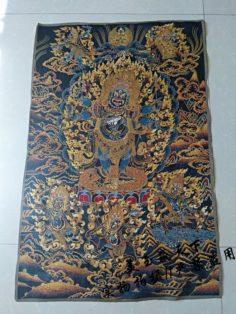 Tibetan Tantric Buddha Statue Thangka Embroidery Great Black Sky Six-Armed Black Mahagala Tantric Three Fundamental Protectors
