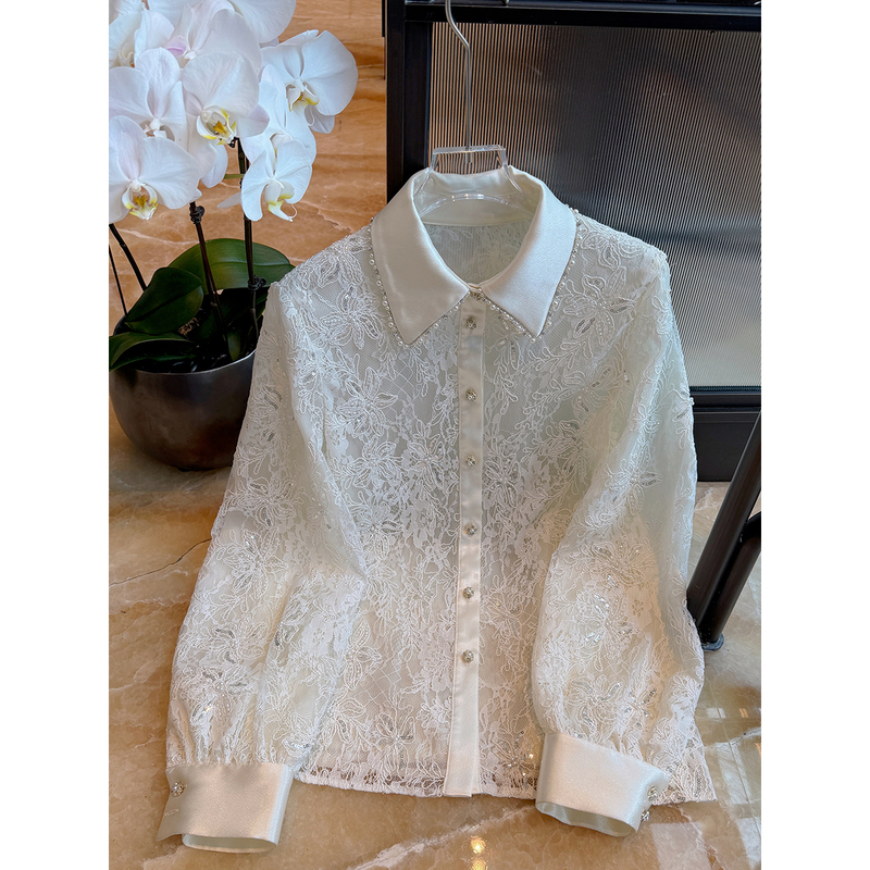 【Lace Dream】 Guo Guo Original Heavy Lace Long-Sleeve Shirt for Women, White Lace Shirt with a Turn-Down Collar 【Lace Dream】 Guo Guo Original Heavy Lace Long-Sleeve Shirt for Women, White Lace Shirt with a Turn-Down Collar