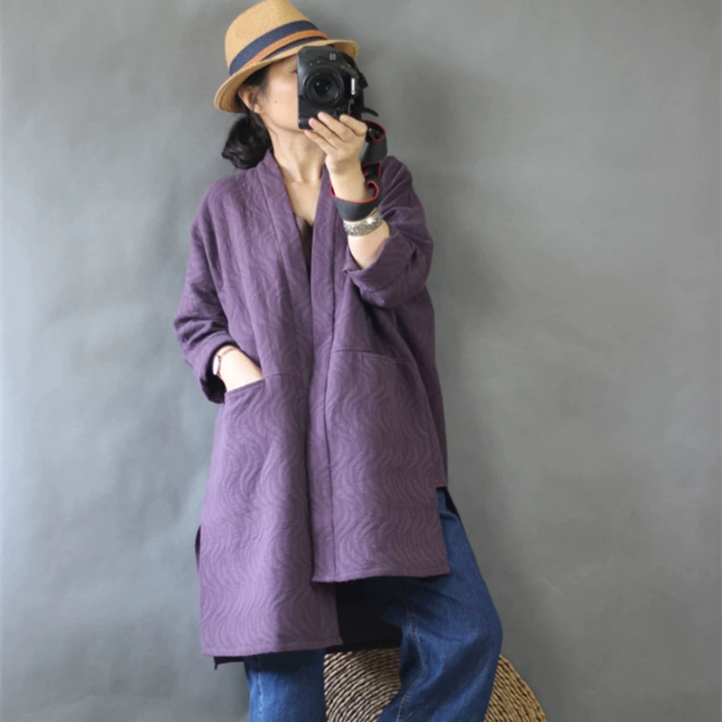 Quần áo phụ nữ nguyên bản, áo gió retro văn học không đối xứng bằng vải cotton và vải lanh, một chiếc áo khoác lớn với vải kết cấu áo nịt rộng rãi - Trench Coat