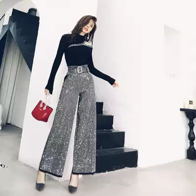 Socialite 2021 Autumn New Hong Kong flavor Net red two-piece set of goddess foreign pie strapless sweater high waist wide trousers set