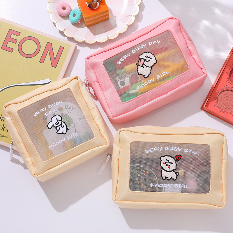 Makeup Bag Mesh Red Ins Wind Day Department Cute Cartoon Teenage Girl Hearts Transparent Large Capacity Portable Cosmetic Containing Bag