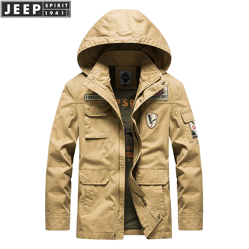 JEEP counter men's spring and autumn pure cotton removable cap casual large size loose outdoor jacket men's jacket