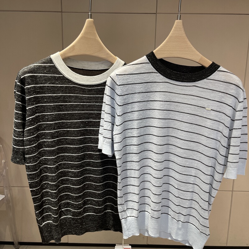 2026 Summer Style 13Qq-010 Fashionable Versatile Color-Block Striped Knit Short Sleeve m Bust 96 Length 57