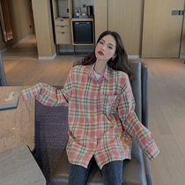 Hometown girls version of Korean version online red retro plaid loose multi-button shirt female ocean air capsized 100 hitch long sleeve shirt