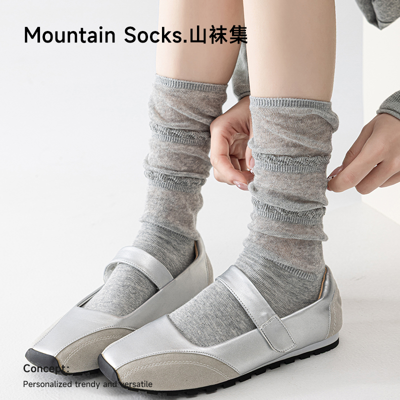 Summer Thin Gray Long Socks for Women with Lace, Breathable, Slimming, Slouch Socks, Miu Style Ballet Socks