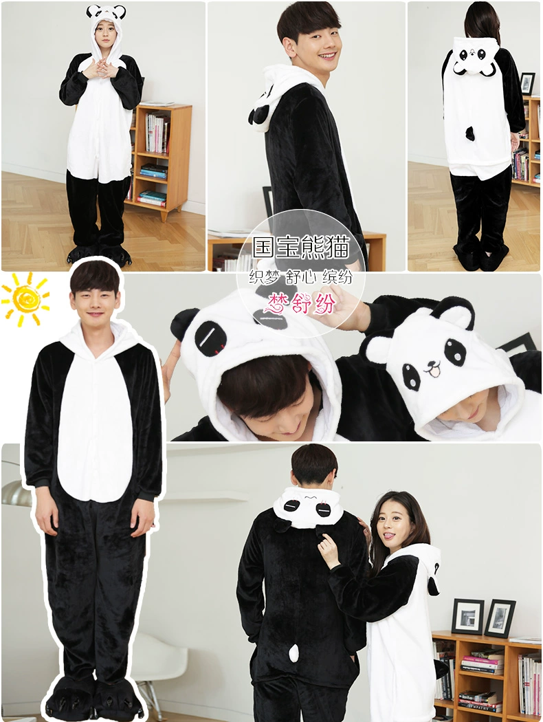 Flannel phim hoạt hình một bộ đồ ngủ nữ mùa thu cặp đôi san hô lông cừu dày nam dài tay khủng long động vật dịch vụ nhà mùa đông