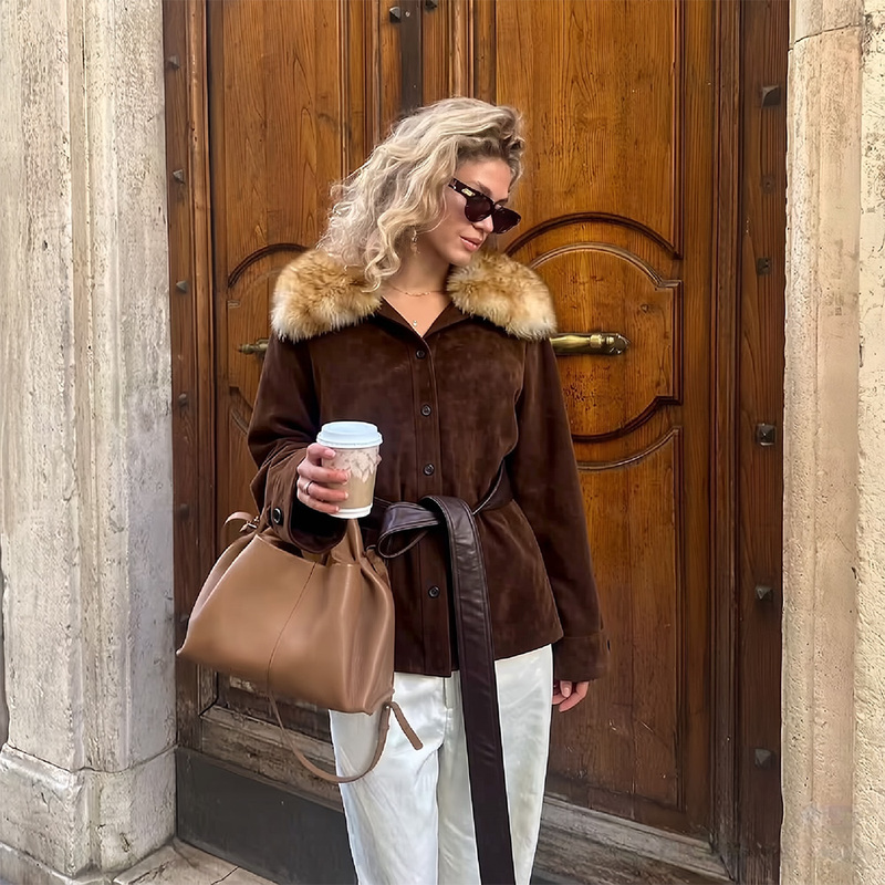 Pnxedst | Ys*1 Same Style Cashmere Tuscany Fur Collar Leather Jacket for Women with Goose down Filling. Pnxedst | Ys*1 Same Style Cashmere Tuscany Fur Collar Leather Jacket for Women with Goose down Filling.