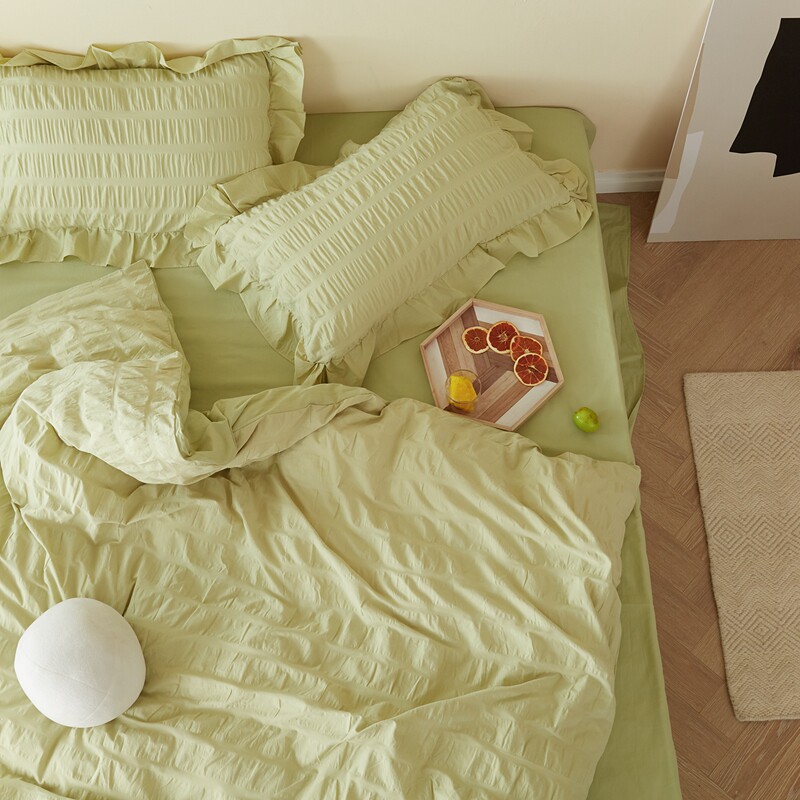 GREEN Mustard Green Bubble Yarn Cotton Four-piece Refreshing Summer Bedding Solid Color Duvet Cover 1 5 Fitted Sheet
