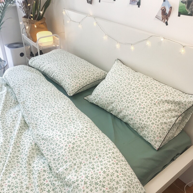 Close to natural ins Smear Green Fresh Pure Cotton Four Pieces South Korea Plant Broken Flowers Full Cotton Bed Quilt Cover Bed