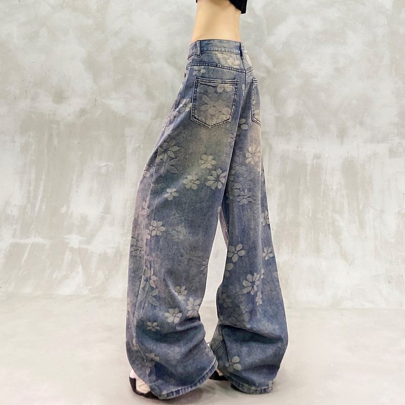 Jacquard Washed Drape Denim Wide-Leg Floor-Length Pants for Women, New Spring High-Waisted Loose Slimming Versatile Straight-Leg Casual Pants