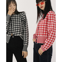 Race small sloppy cardigan knitted sweater jacket female spring and autumn hitch design sensation crowdsourced long sleeve retro plaid blouse