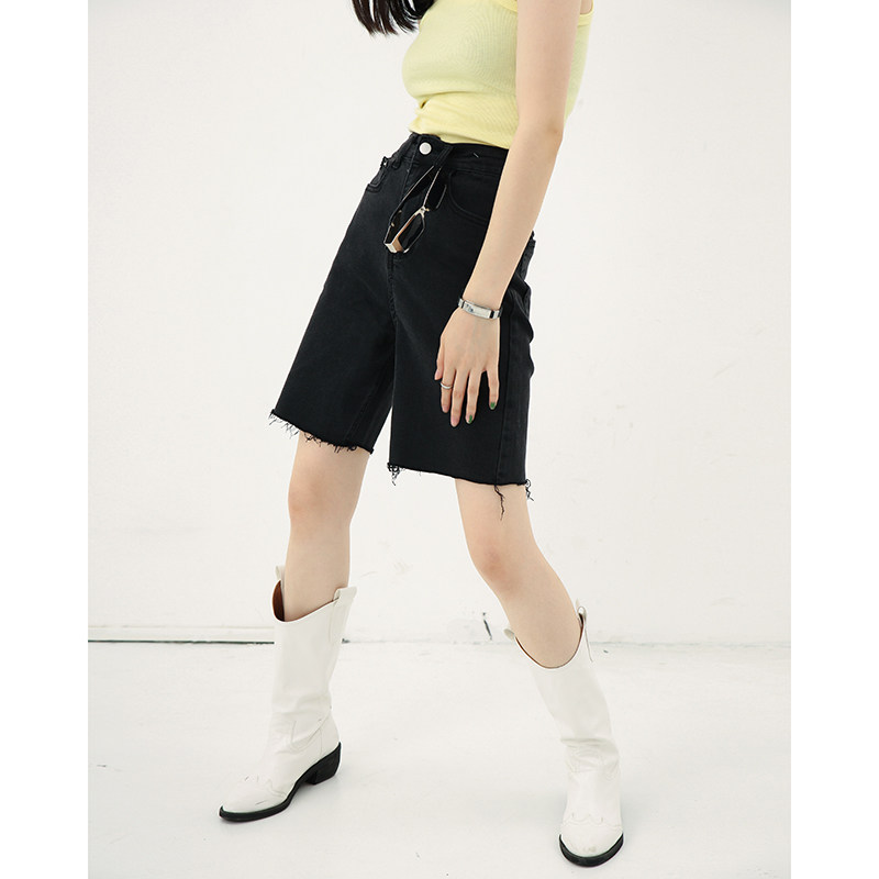 Race lazy black denim shorts Women's summer thin high waist summer five-point pants Large size five-point pants loose straight pants