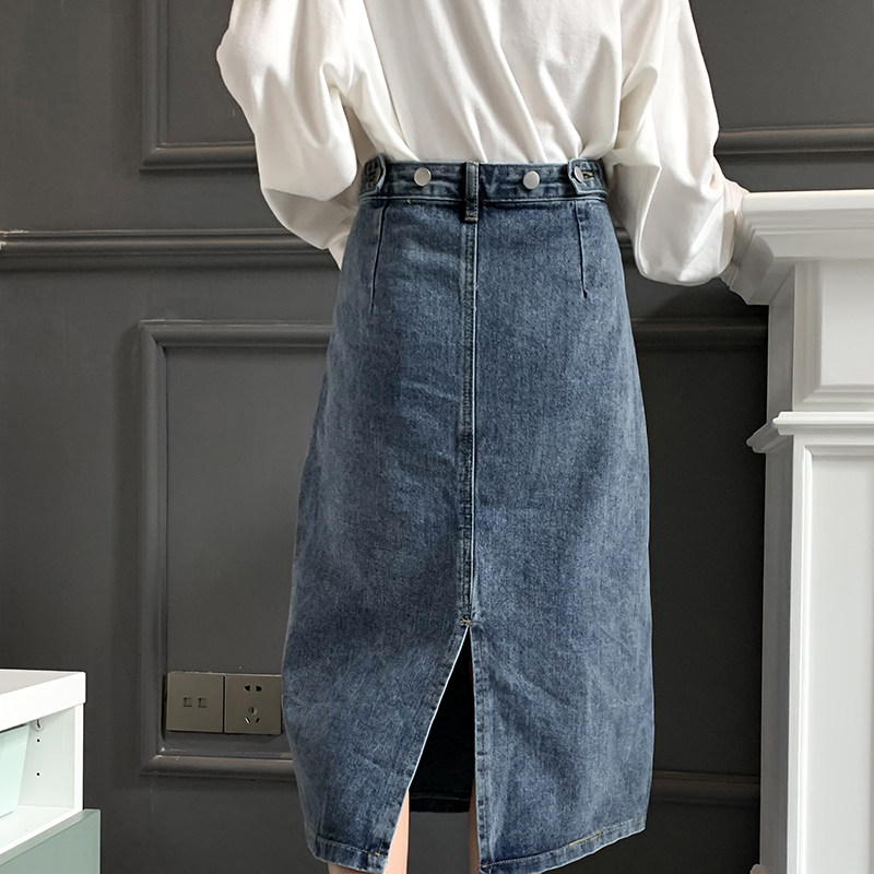 Sai Xiaolao denim skirt women's autumn mid-length version autumn and winter tall waist a-line long skirt split skirt fat mm