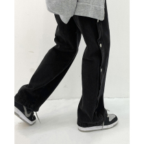 Small lazy side breasted jeans womens summer straight tube loose tide ins black pants summer European and American high street high waist