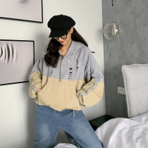 Competition small lazy Super fire cec color hole short hooded sweater women spring loose short long sleeve top ins tide