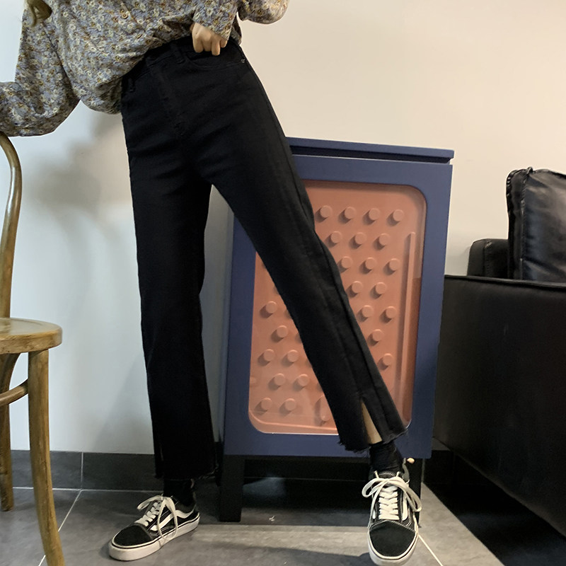 Sleepy Black Fork Lax Black Cartridge Jeans Female Spring Nine-Minute Smoke Pipe Design Black Pants