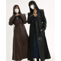 Race small sloth black leather jacket female spring and autumn sub medium long Inn wind clothes wide pituality and casual blouses