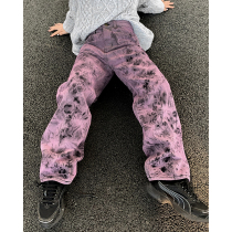 Match little lazy purple tie-dyed jeans Womens tide ins high street summer sweet cool straight loose summer Yabi wind pants