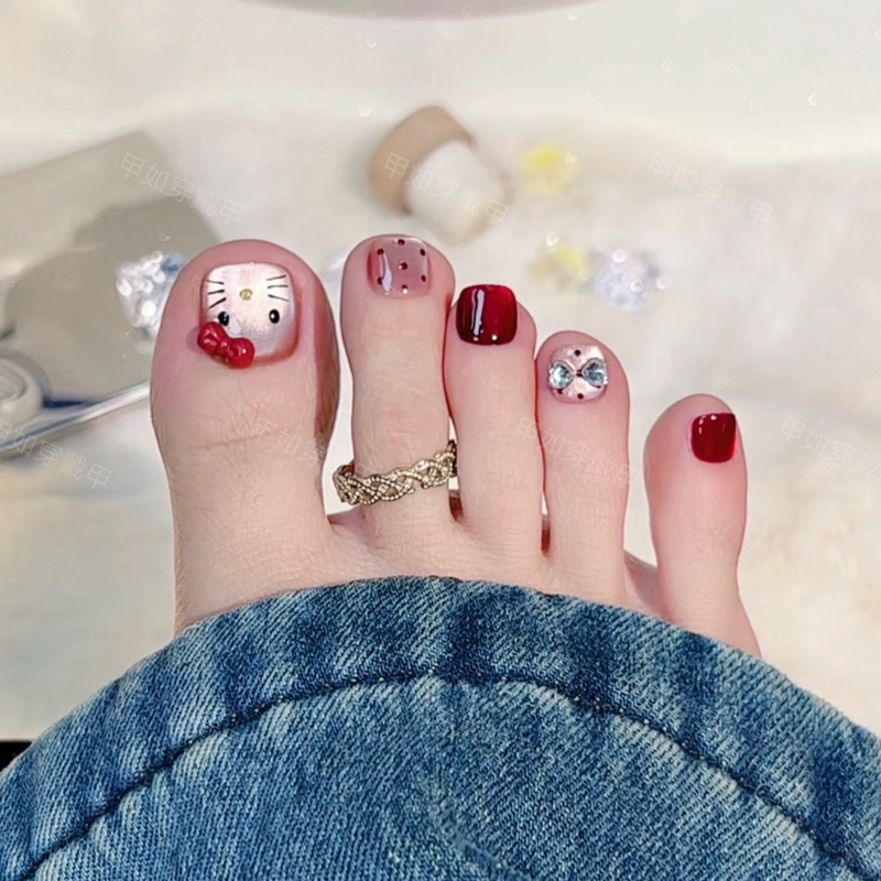 【Nail Art】2026 Red Kt Cat Eye Wearable Nail Art Stickers Removable Fake Nail Stickers 24 Pieces