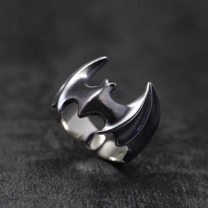 Batman Ring, Stylish and Unique, Lucky Bat Ring, Retro Hip Hop Style, Plain Silver, Adjustable Opening