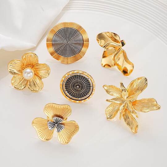 6-Piece Ring Set Cross-Border New Exaggerated ins Metal Three-Dimensional Flower Open Ring 6-Piece Set