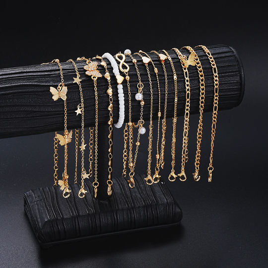 14-Piece Ankle Chain Set Cross-Border Fashion Beach Casual Butterfly Anklet Women's Foot Jewelry 14-Piece Set