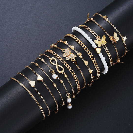 14-Piece Ankle Chain Set Cross-Border Fashion Beach Casual Butterfly Anklet Women's Foot Jewelry 14-Piece Set
