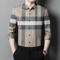 2022 - Fall 2022 new mens long sleeved shirt business leisure middle - aged dad wears a sense of trace-free lattice shirt