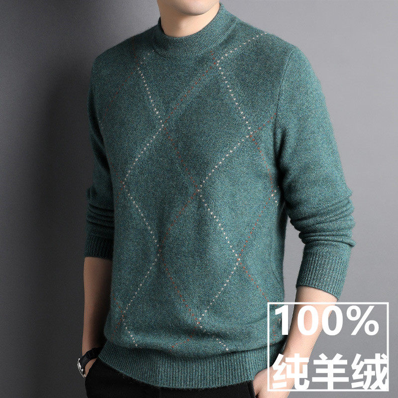 Winter 100 Pure Kashmir Wool Sweater Men Business Casual Round Collar Warm Jacquard Knit Undershirt Cashmere Cardiff
