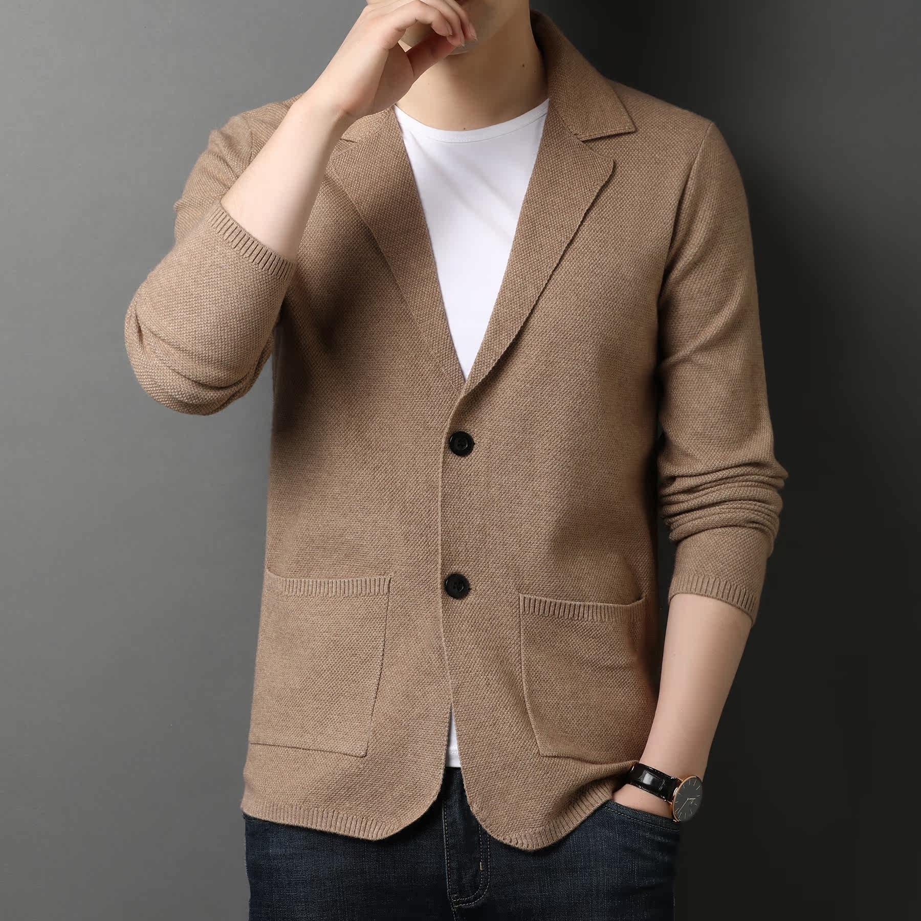 Brand Men's Clothing New Knitted Jacket Men's Cardiovert Spring Clothing Young Men's Suits Collar Jacket Male Thin blouses