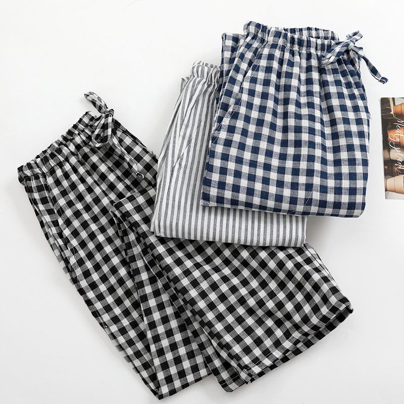 Japan Day Series Sleeping Pants Pure Cotton Long Pants Double color woven gauze High waist plaid slim-shaped home pants can be worn out