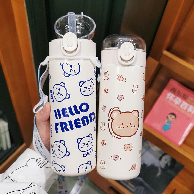 Japanese water cup insulation cup female cute with straw girl student high-value children's messenger warm cup